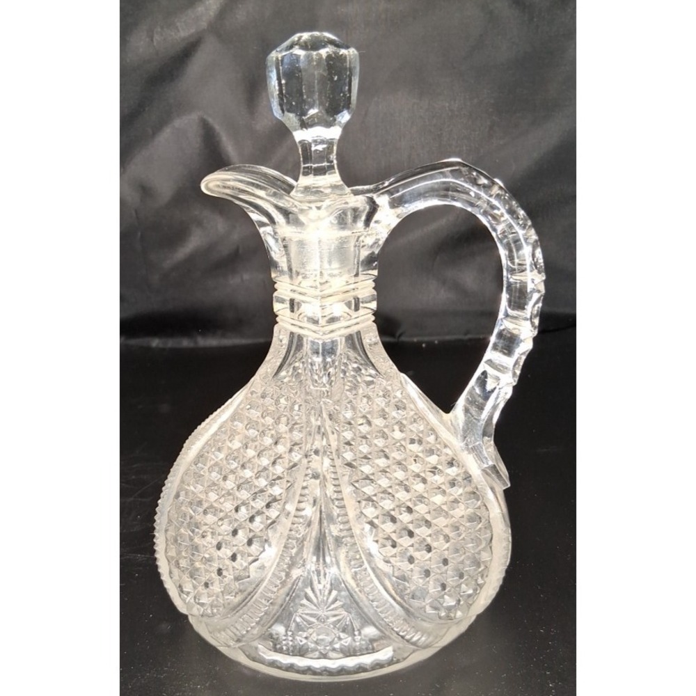 Clear Glass 6.5" Cruet With Stopper Decorative Cut Glass Pattern Handle Vintage